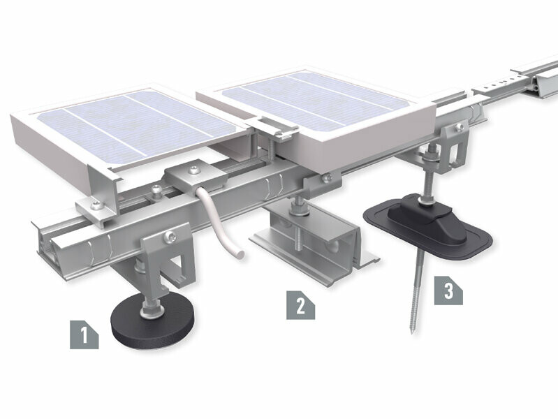 PREFA railprofiels voor de montage van installaties met zonnepanelen op PREFA daken, met de houders Vario, Prefalz Vario en Sunny.
