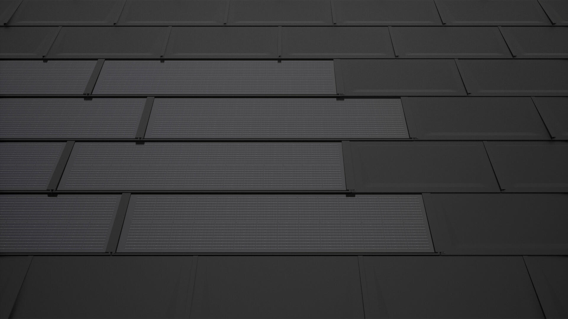 De afbeelding toont PREFA solar-dakpannen in zwart, gemonteerd op een dak, gecombineerd met de PREFA dakpan R.16. De solarmodules zijn in gelijkmatige rijen geplaatst.