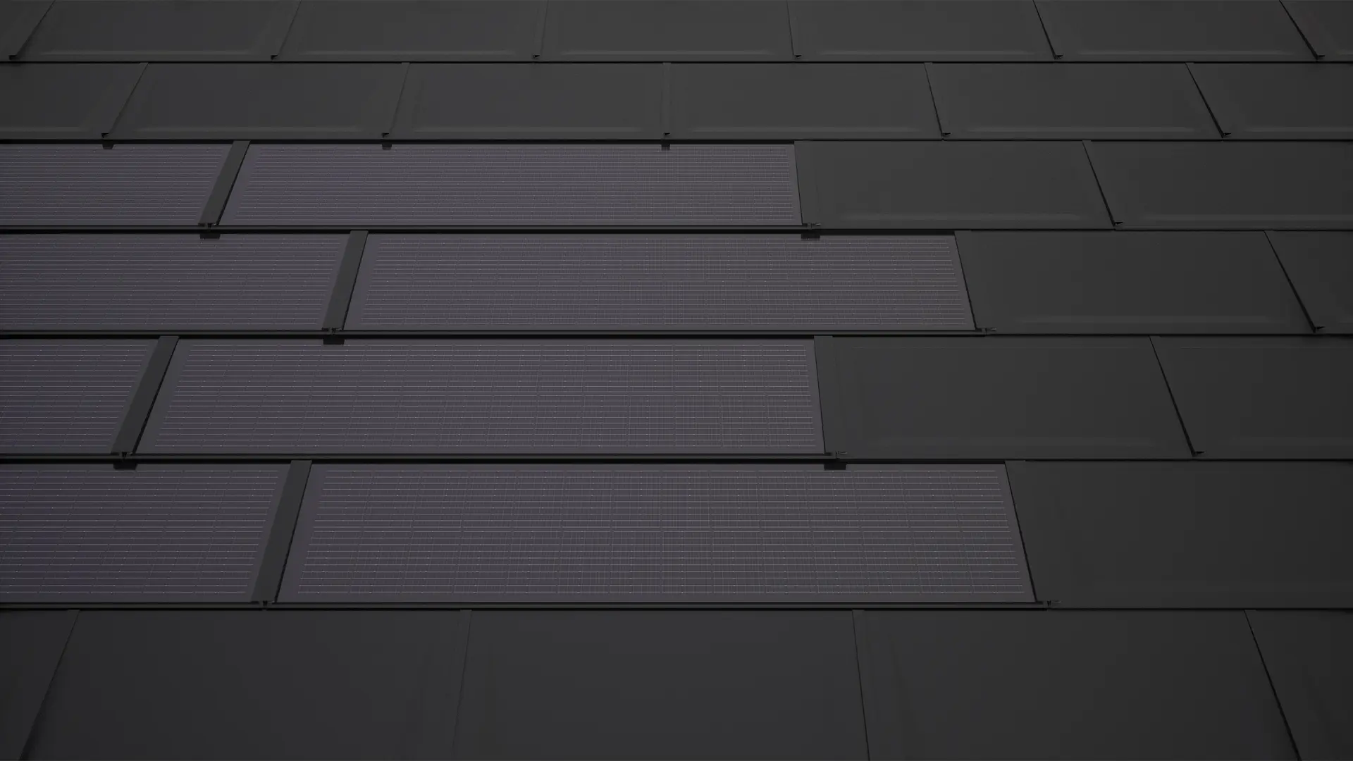 De afbeelding toont PREFA solar-dakpannen in zwart, gemonteerd op een dak, gecombineerd met de PREFA dakpan R.16. De solarmodules zijn in gelijkmatige rijen geplaatst.