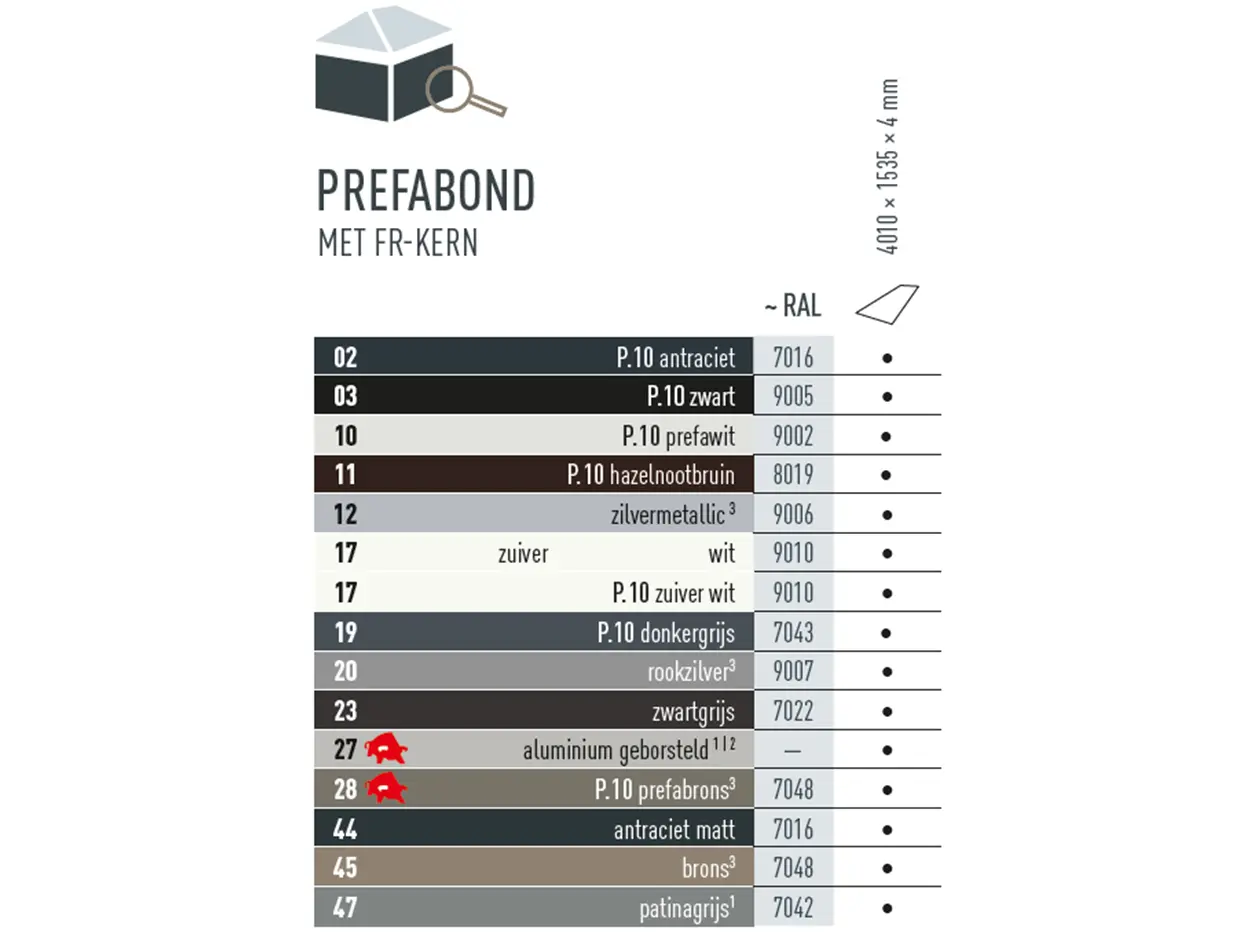 Kleurentabel die laat zien in welke kleuren aluminium composietplaat PREFABOND leverbaar is. De aluminium composietplaat PREFABOND is leverbaar in verschillende P.10- en standaardkleuren.
