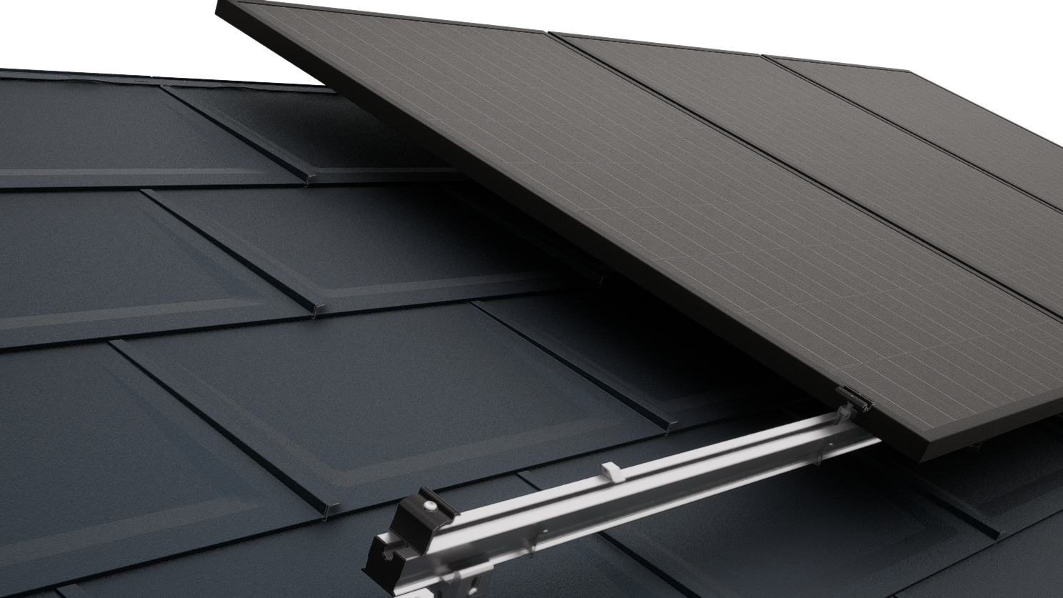 Close-up van een PREFA-dak met PV-modules, die met het PREVARIO-montagesysteem voor zonnepanelen zijn bevestigd.