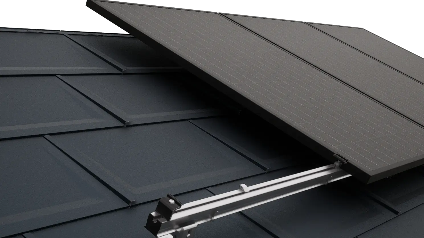 Close-up van een PREFA-dak met PV-modules, die met het PREVARIO-montagesysteem voor zonnepanelen zijn bevestigd.