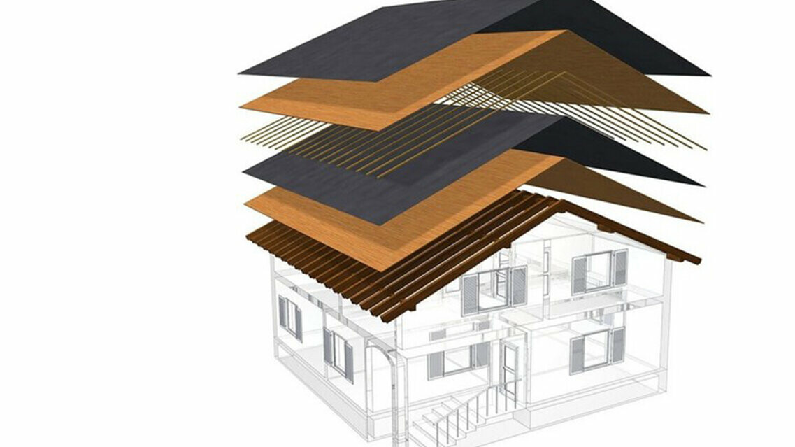 Technische weergave van de constructie van een koud dak, een meerlaagse dakconstructie met latwerk, volledig dakbeschot, scheidingslaag, dakspanten; de zolder kan als woonruimte worden gebruikt; dubbellaagse dakconstructie, geventileerde dakconstructie; contralatten