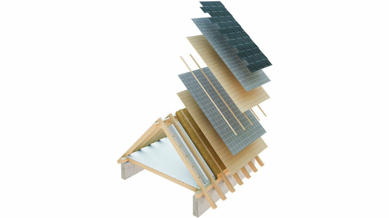 Technische weergave van de constructie van een koud dak, een meerlaagse dakconstructie met latwerk, volledig dakbeschot, scheidingslaag, dakspanten; de zolder kan als woonruimte worden gebruikt; dubbellaagse dakconstructie, geventileerde dakconstructie; contralatten