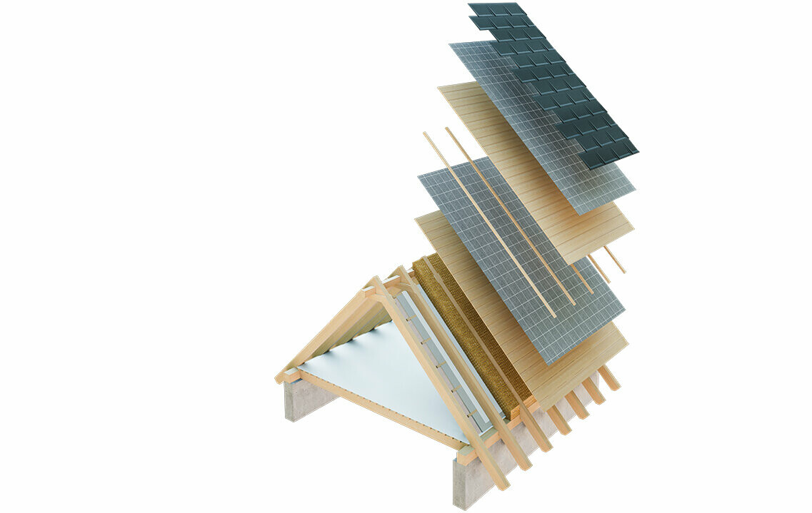 Technische weergave van de constructie van een koud dak, een meerlaagse dakconstructie met latwerk, volledig dakbeschot, scheidingslaag, dakspanten; de zolder kan als woonruimte worden gebruikt; dubbellaagse dakconstructie, geventileerde dakconstructie; contralatten