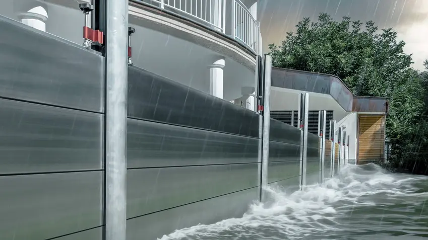 Close-up van de PREFA-hoogwaterbescherming van aluminium, die altijd bestand is tegen overstromingsrampen en het vrijstaande huis op de achtergrond beschermt.