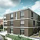 De opvallende aluminium gevel van dit appartementencomplex in Schaffhausen is voorzien van het elegante PREFA-kartelprofiel in de kleur Colinal. Door de verticale plaatsing van de geëxtrudeerde aluminium profielen oogt het gebouw optisch compacter en krijgt de gevelstructuur een harmonieuze balans. Het elegante ontwerp past smaakvol in de omgeving en geeft het gebouw een moderne elegantie die zowel visueel aantrekkelijk als functioneel is. Het perspectief toont het appartementencomplex vanaf de voorzijde met de garage-ingang. Op de achtergrond zijn bomen, andere gebouwen en een kerktoren te zien.