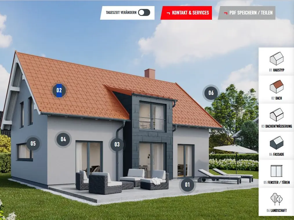 Gevelconfigurator voor gevelrenovatie: interactief aanzicht met selecteerbare gevel-, dak- en vensteropties voor de individuele ontwerp- en planningsfase van de nieuwe gevel.