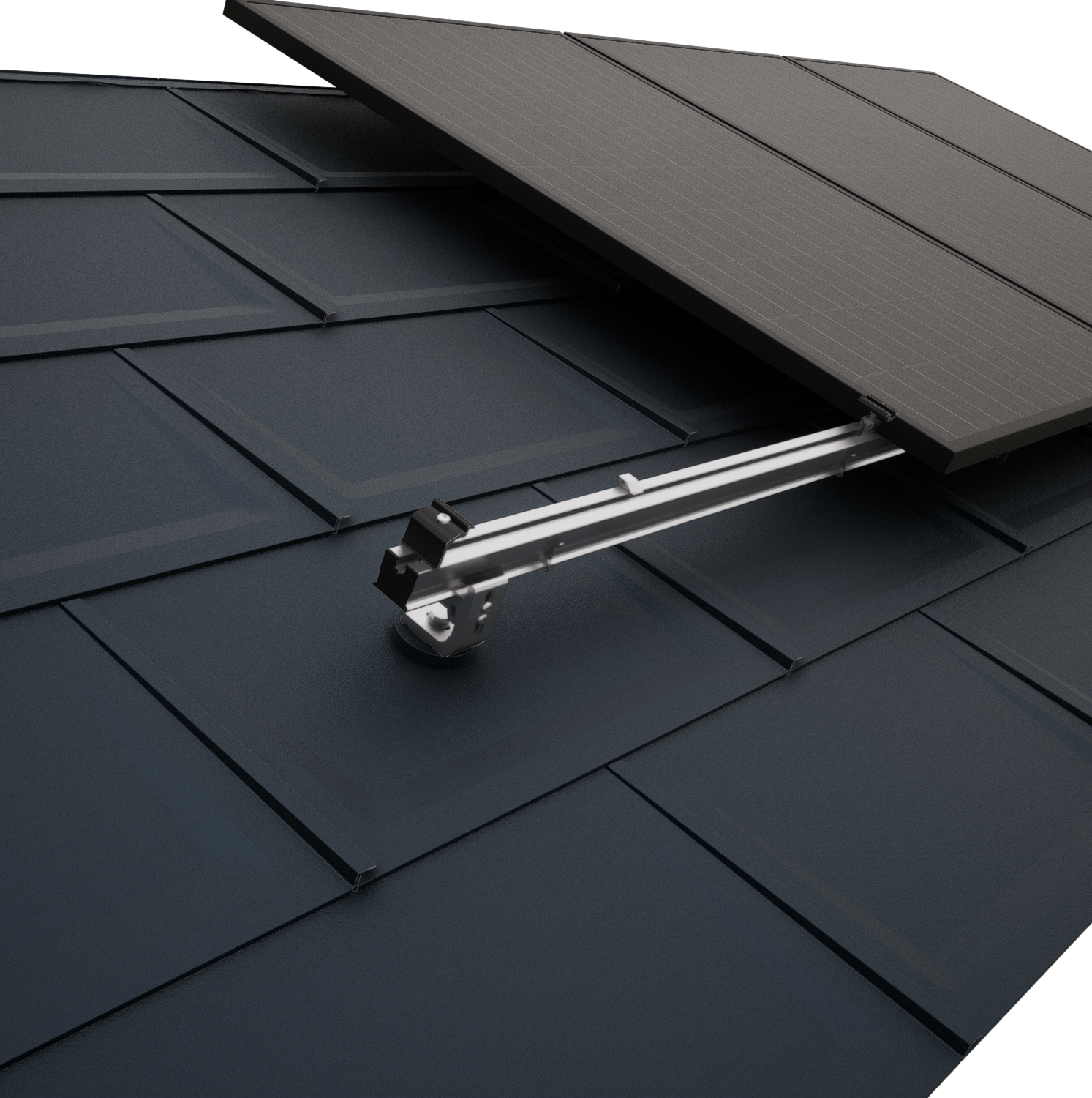 Close-up van een PREFA-dak met PV-modules, die met het PREVARIO-montagesysteem voor zonnepanelen zijn bevestigd.