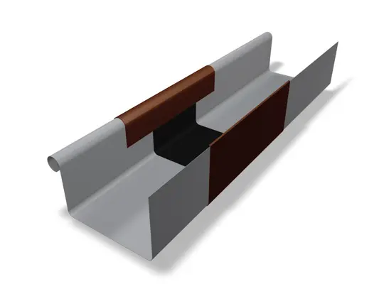 Afgebeeld is een PREFA bakgootdilatatie met kraal en kap in grijs-bruin van hoogwaardig aluminium. Dit verbindingselement wordt gebruikt voor het verlengen van bakgoten en zorgt voor een dichte, duurzame en optisch aantrekkelijke verbinding in het dakafvoersysteem. De mastgootdilatatie is verkrijgbaar in de maten 280, 333 en 400.