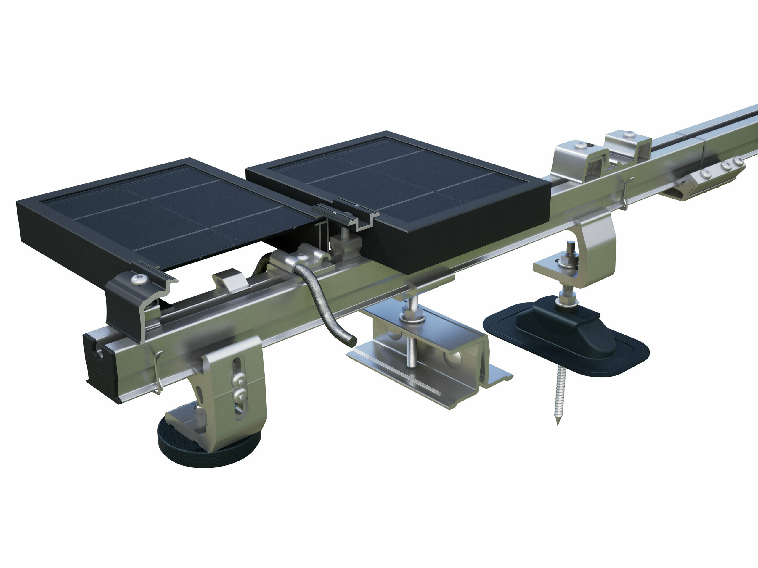 PREFA railprofiel voor de montage van fotovoltaïsche installaties op PREFA-daken, met de zonnepanelenhouders PREVARIO 3.S, PREVARIO PREFALZ en PREVARIO Sunny.