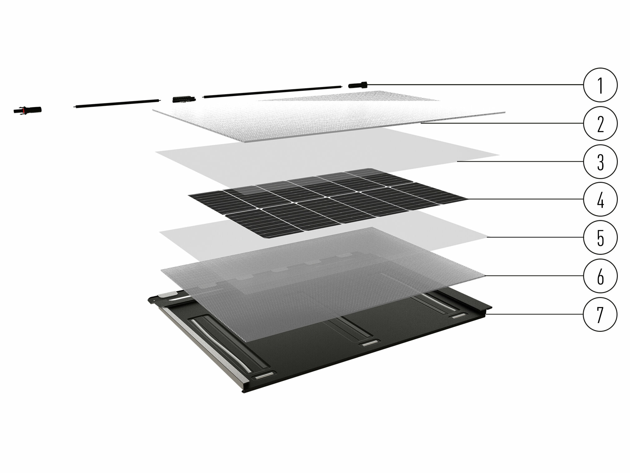 Laagsgewijze opbouw van de PREFA solar-dakpan met PV-stekker, solarglas met prisma, inkapselingsmateriaal, fotovoltaïsche cel, folie op de achterzijde en de aluminium dakpan.