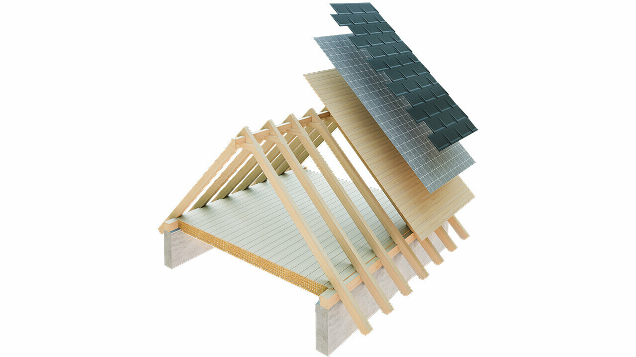 Technische weergave van PREFA van een enkellaagse dakconstructie - de zolder kan niet als woonruimte worden gebruikt, omdat hij fungeert als ventilatieniveau voor het metalen dak; volledig dakbeschot en scheidingslaag zonder latwerk; warm dak