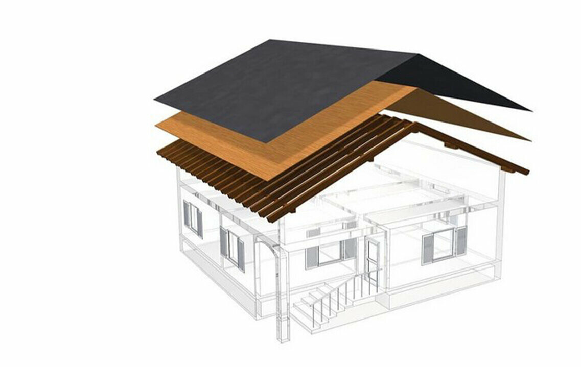Technische weergave van PREFA van een enkellaagse dakconstructie - de zolder kan niet als woonruimte worden gebruikt, omdat hij fungeert als ventilatieniveau voor het metalen dak; volledig dakbeschot en scheidingslaag zonder latwerk; warm dak
