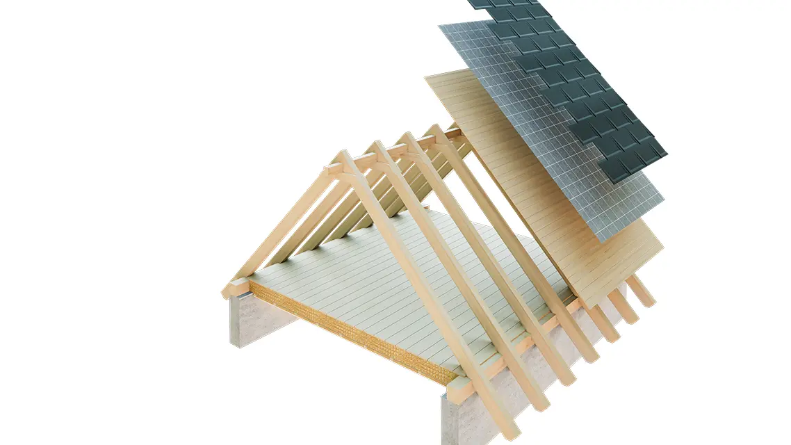 Technische weergave van PREFA van een enkellaagse dakconstructie - de zolder kan niet als woonruimte worden gebruikt, omdat hij fungeert als ventilatieniveau voor het metalen dak; volledig dakbeschot en scheidingslaag zonder latwerk; warm dak