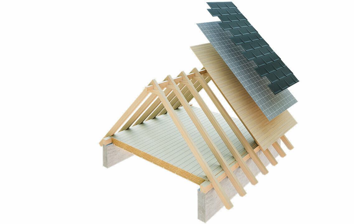 Technische weergave van PREFA van een enkellaagse dakconstructie - de zolder kan niet als woonruimte worden gebruikt, omdat hij fungeert als ventilatieniveau voor het metalen dak; volledig dakbeschot en scheidingslaag zonder latwerk; warm dak