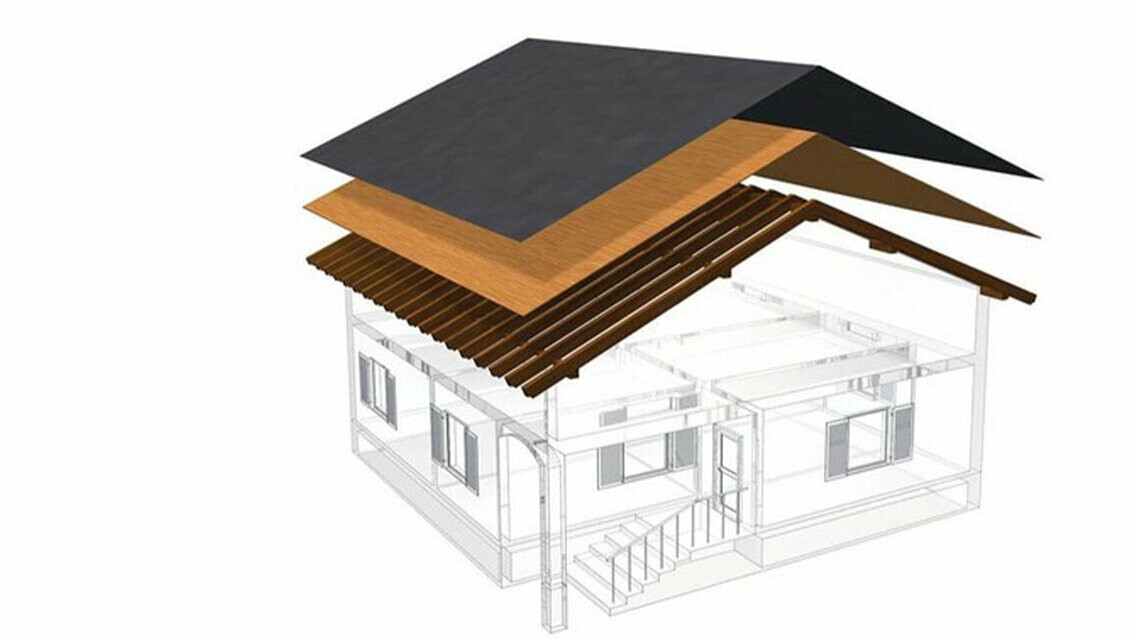 Technische weergave van PREFA van een enkellaagse dakconstructie - de zolder kan niet als woonruimte worden gebruikt, omdat hij fungeert als ventilatieniveau voor het metalen dak; volledig dakbeschot en scheidingslaag zonder latwerk; warm dak