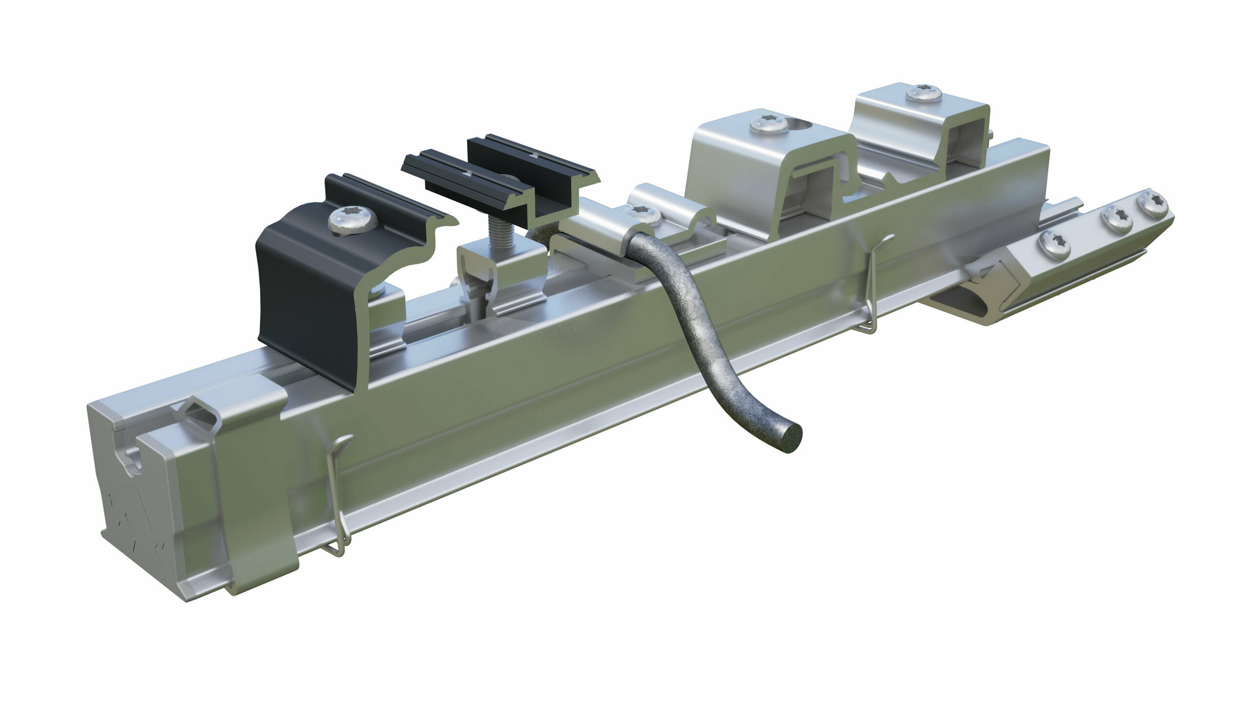 Overzicht van PREVARIO-accessoires bestaande uit het PREFA railprofiel incl. rail-eindkap, midden- en eindklem, railstuk, kryds- en jordklemmen.