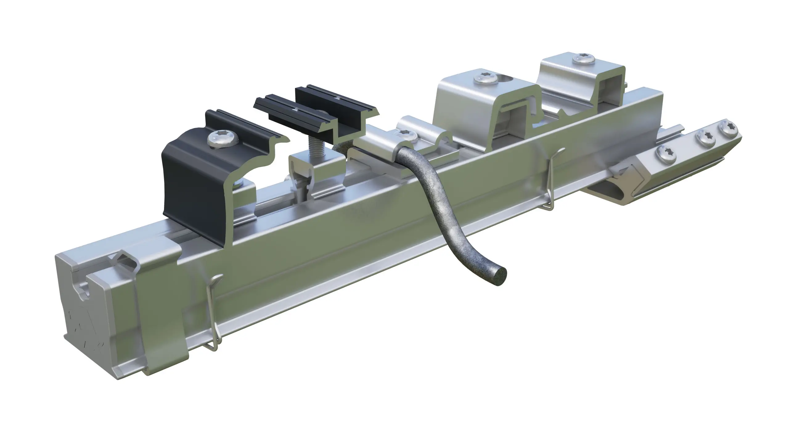 Overzicht van PREVARIO-accessoires bestaande uit het PREFA railprofiel incl. rail-eindkap, midden- en eindklem, railstuk, kryds- en jordklemmen.