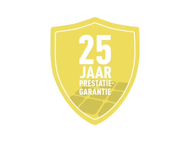 Geel garantielogo voor 25 jaar prestatiegarantie van het PREFA solar-dakpan en de solarmodule PREFALZ