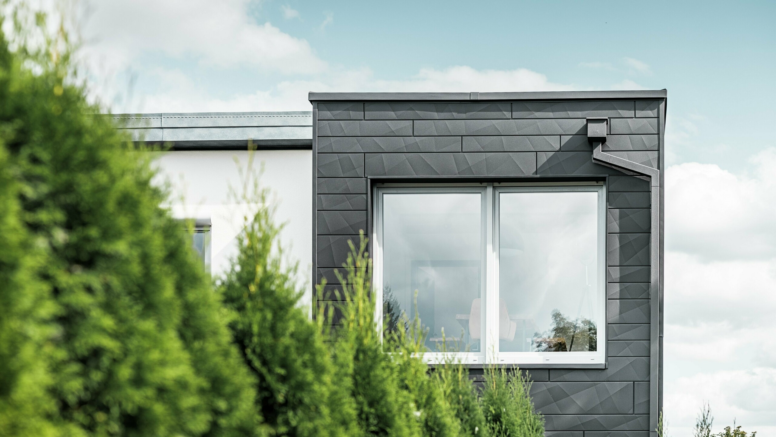 De duidelijk gestructureerde PREFA Siding.X gevelpaneelen in de kleur P.10 zwart sieren de buitenmuur van een eengezinswoning in Teuschnitz en geven deze een unieke uitstraling. De PREFA dakafvoersystemen, bestaande uit de vierkante buis en de vergaarbak, sluit naadloos aan op het ontwerp. De groene thuja's op de voorgrond contrasteren met de donkere metalen gevel.
