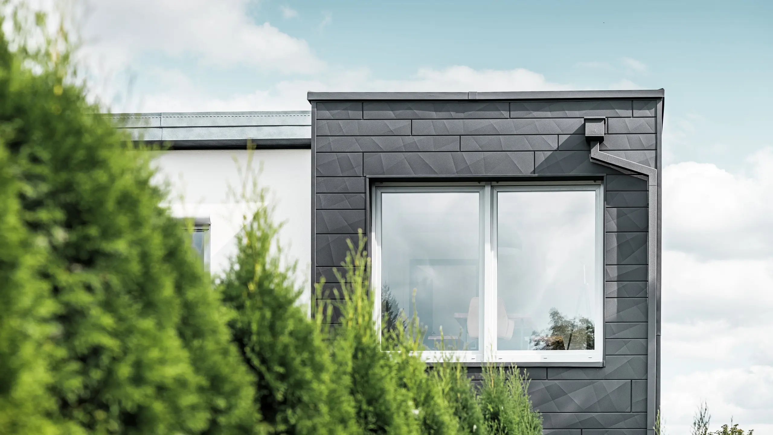 De duidelijk gestructureerde PREFA Siding.X gevelpaneelen in de kleur P.10 zwart sieren de buitenmuur van een eengezinswoning in Teuschnitz en geven deze een unieke uitstraling. De PREFA dakafvoersystemen, bestaande uit de vierkante buis en de vergaarbak, sluit naadloos aan op het ontwerp. De groene thuja's op de voorgrond contrasteren met de donkere metalen gevel.