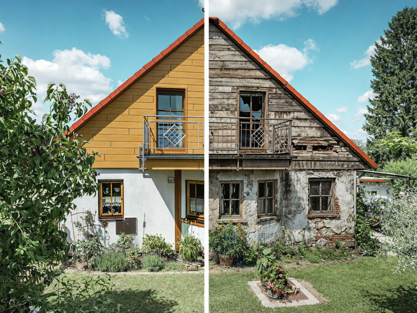 Fotografische afbeelding van een huis met twee verschillende gevelzijden: de linkerkant toont een moderne, goed onderhouden PREFA aluminiumgevel in houtlook, terwijl de rechterkant een verweerde gevel met kapotte ramen en afbladderende verf weergeeft, die gerenoveerd moet worden. Een duidelijke scheidingslijn markeert de overgang tussen de beide situaties, onder een stralend blauwe hemel.