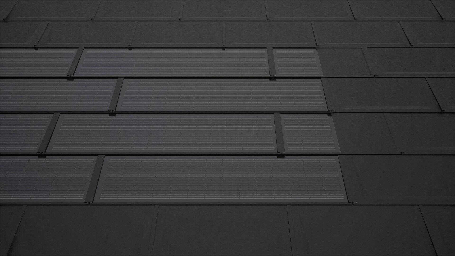 PREFA solar-dakpannen in zwart met aanvullende platen. Deze zorgen voor een rechthoekig moduleoppervlak en dragen bij aan een harmonieus totaalbeeld op het solar-dakpan.