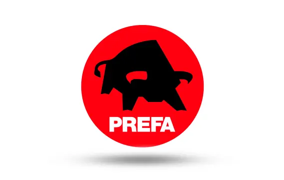 PREFA Logo, roter Kreis mit schwarzem Stier, auf weißem Hintergrund mit Schatten darunter;