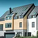 Moderne nieuwbouw, waarbij de dakbedekking over de bovenkant van de gevel doorloopt. Als dakbedekking werd de aluminium daklosange in antraciet gebruikt