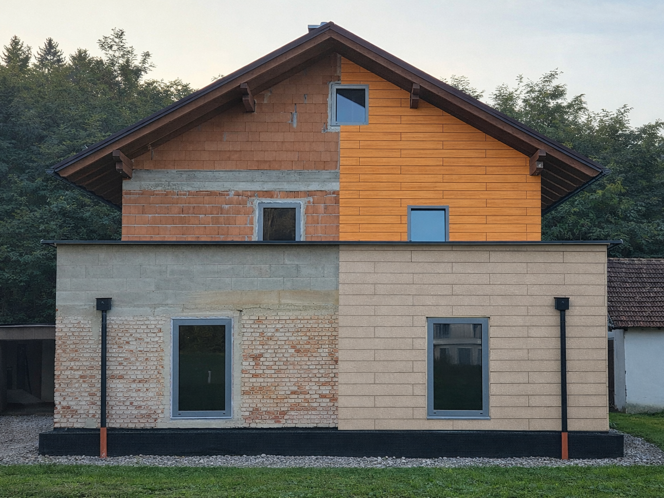 Fotoservice voor gevelrenovatie: professionele voor-en-na-foto van een huis met verschillende gevelmaterialen voor een realistische visualisatie van renovatieoplossingen. (Beeld bewerkt met behulp van AI)