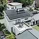 Uitzicht in vogelvlucht op het markante daklandschap van een eengezinswoning in Dortmund met PREFA dakshingles DS.19 en PREFALZ in P.10 antraciet en een grootschalige PV-installatie