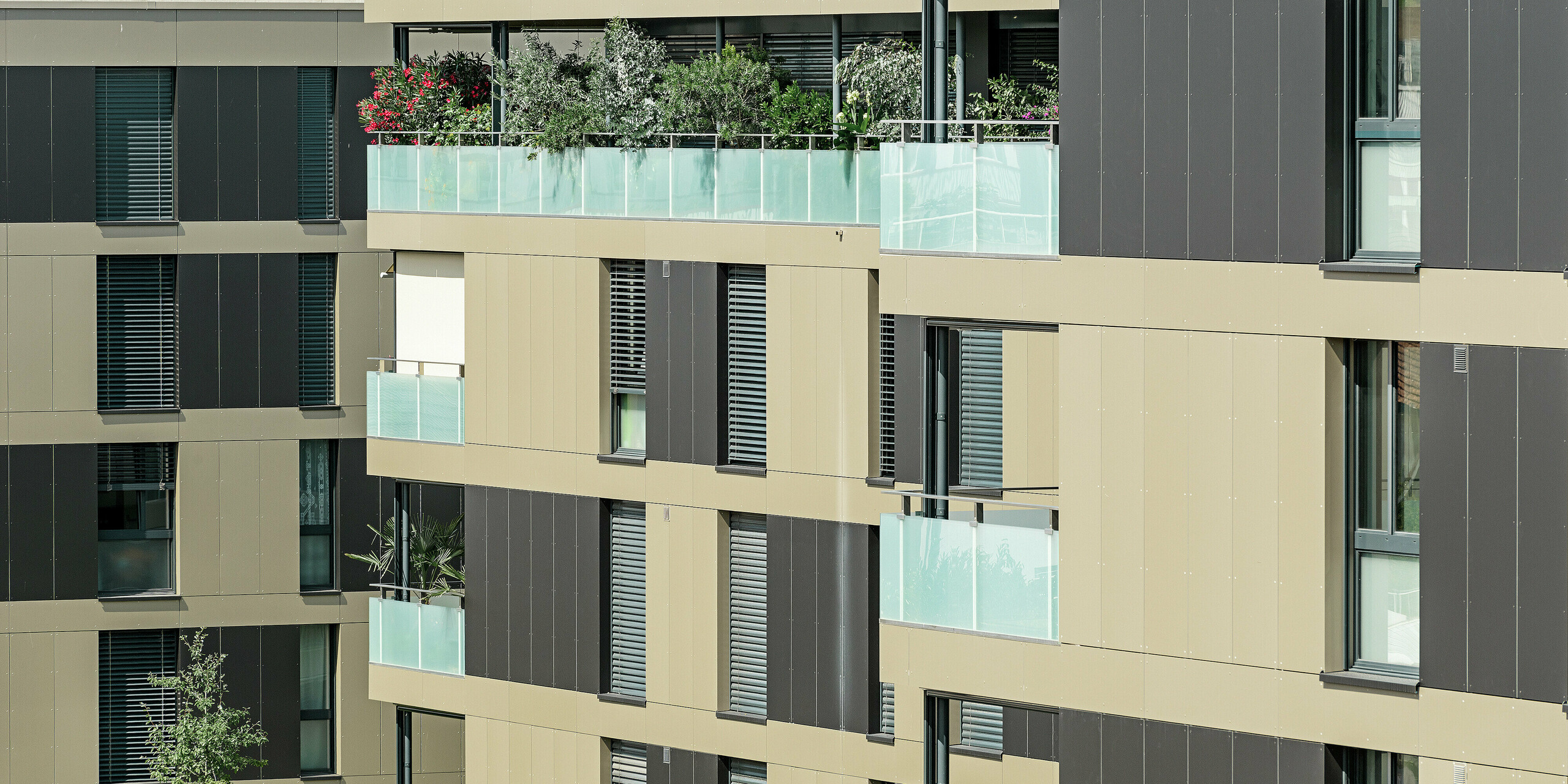 Kubusvormig woongebouw met aluminiumgevel in brons en zwartgrijze elementen