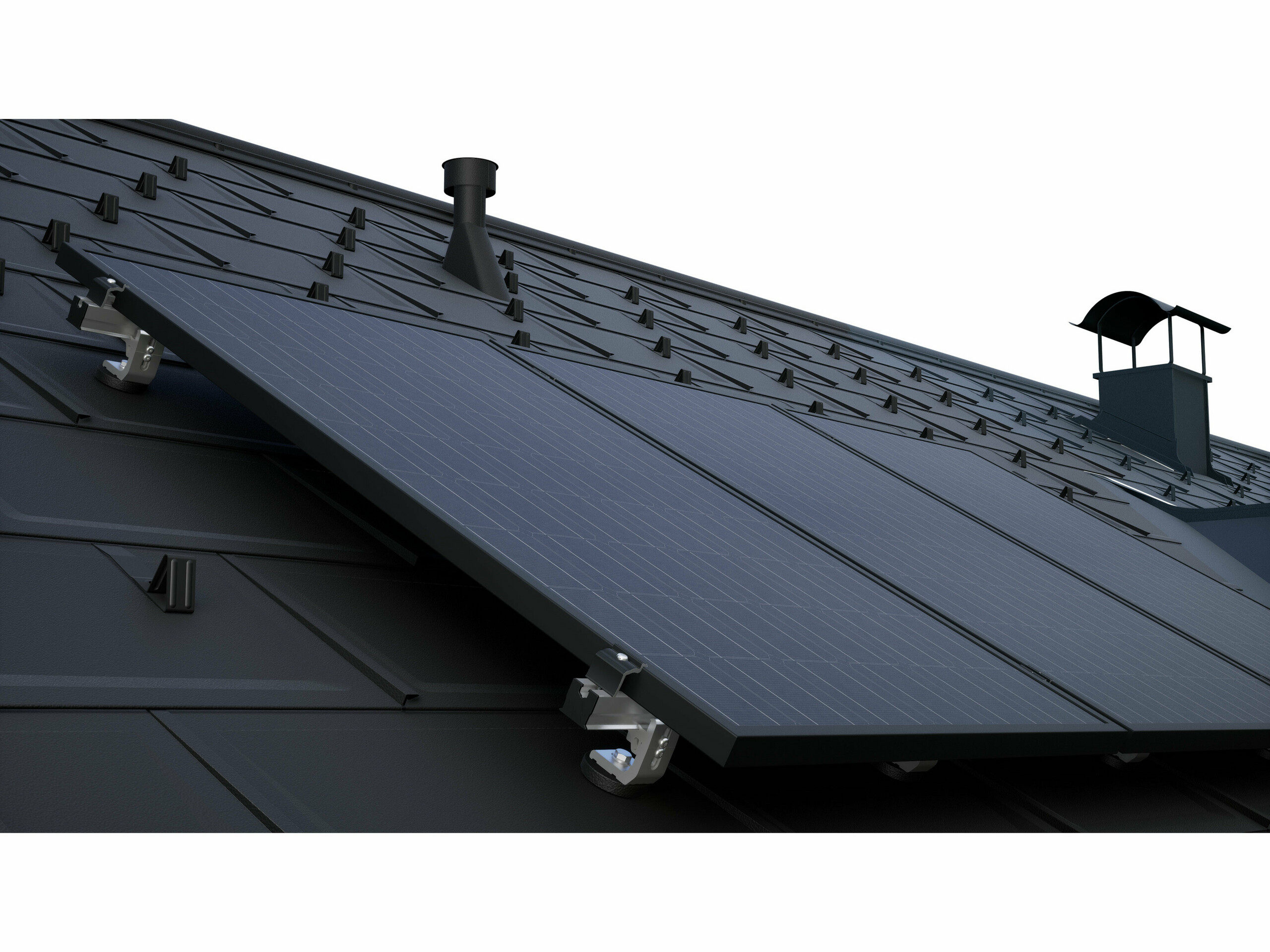 PV-modules gemonteerd met het PREVARIO-montagesysteem voor zonnepanelen op een donker PREFA-dak met dakpan R.16.