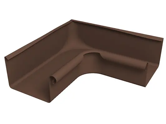 De afbeelding toont een bruine PREFA bakgoothoek 90° binnen van robuust aluminium. Dit duurzame dakgootaccessoire zorgt voor een schone en dichte verbinding van bakgoten op binnenhoeken en ondersteunt een betrouwbare dakafvoersystemen. De binnenhoek is verkrijgbaar in de gootmaten 250, 333, 400 en 500.